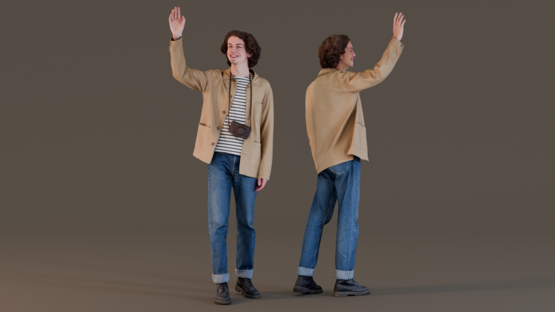 Friendly Photographer in Striped Shirt Waving Modelo 3D .c4d .max .obj .3ds .fbx .stl .blend