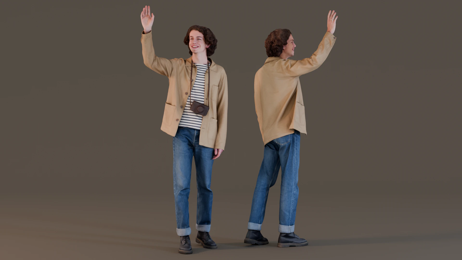 Friendly Photographer in Striped Shirt Waving 3D Model .c4d .max .obj .3ds .fbx .stl .blend