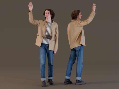 Fot&oacute;grafo amig&aacute;vel com camisa listrada acenando Modelo 3D