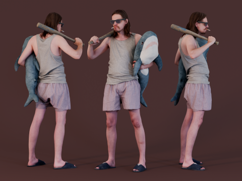 Your Beloved Neighbor - Laid-Back Neighbor with Shark Plush and Baseball Bat 3D Model