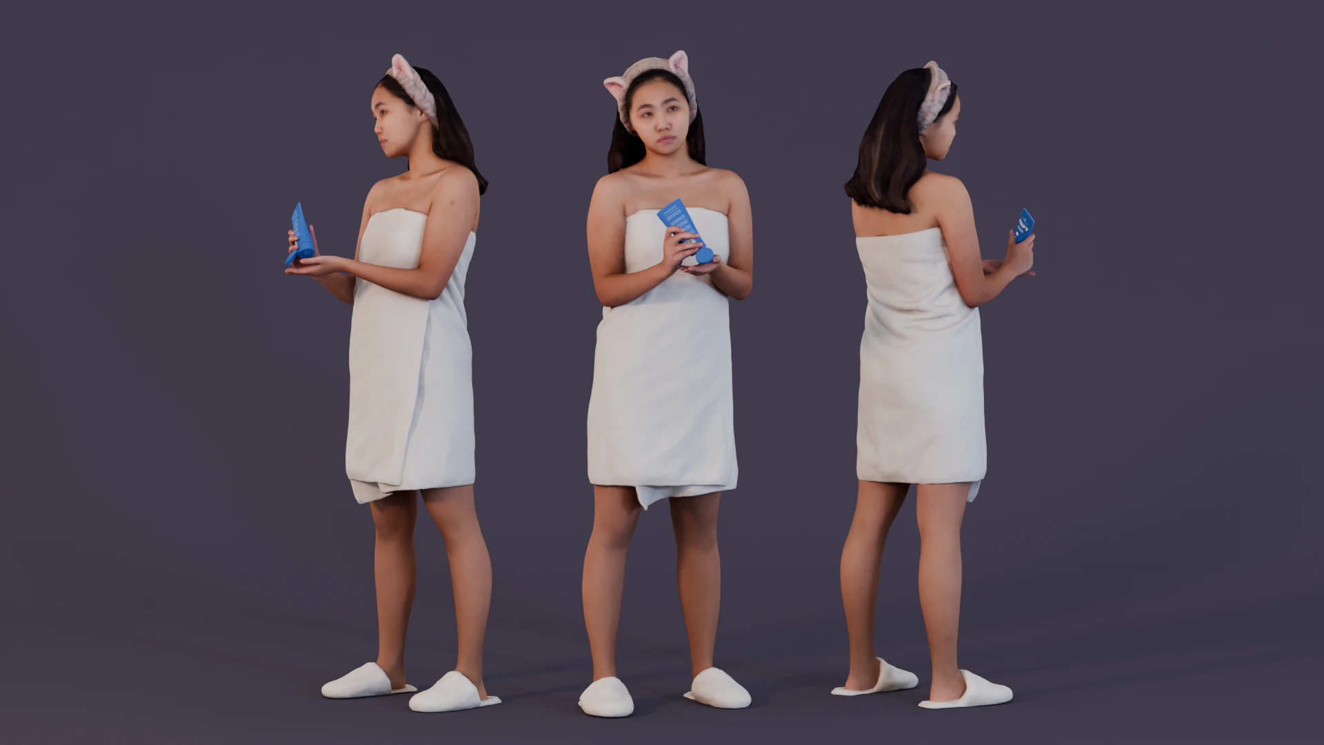 Morning Bliss - Girl in Towel with Headband and Skincare Bottle 3D Model .c4d .max .obj .3ds .fbx .stl .blend 