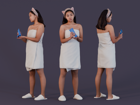 Morning Bliss - Girl in Towel with Headband and Skincare Bottle 3D Model