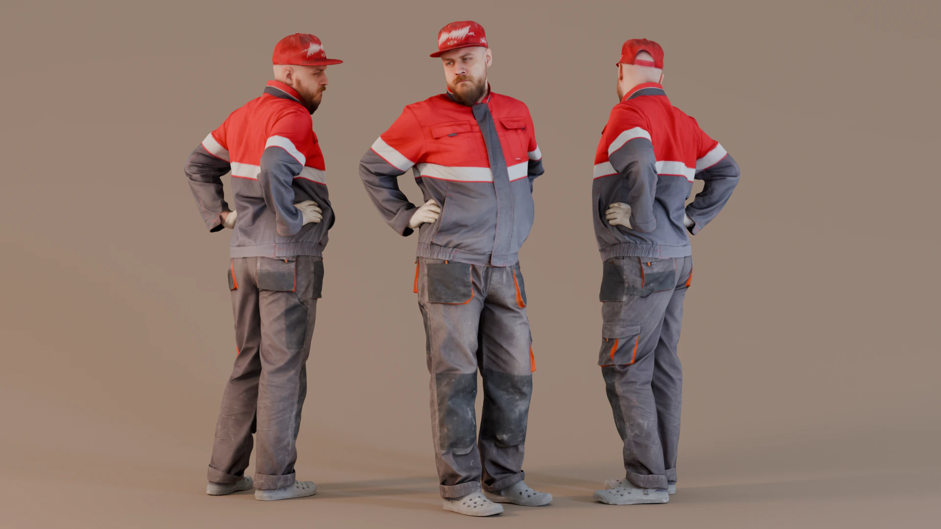Construction Worker in Red Uniform Watching 3D Model .c4d .max .obj .3ds .fbx .stl .blend