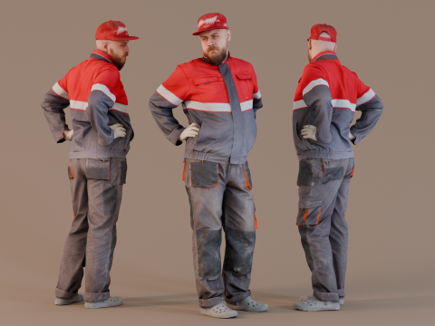 Construction Worker in Red Uniform Watching 3D Model