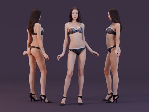 Chic Woman in Black Lace Lingerie 3Dモデル