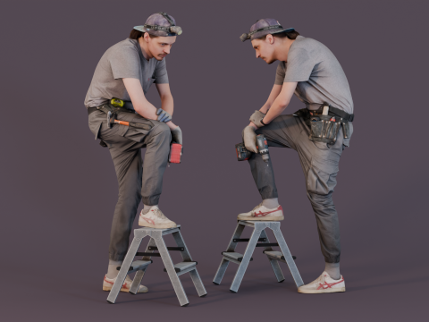 Worker in Gray Stands on a Stepladder 3Dモデル