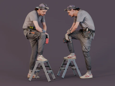 Trabalhador em cinza fica em uma escada Modelo 3D