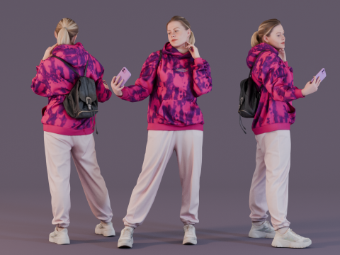 Casual Selfie Enthusiast in Pink Hoodie 3D मॉडल