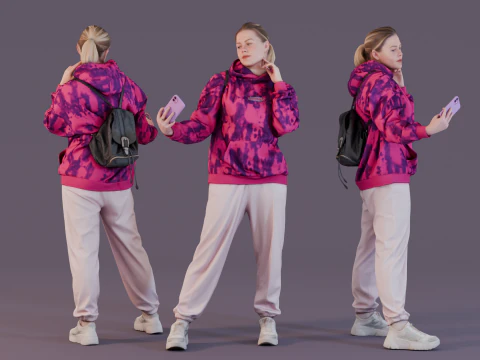 पिंक हुडी में कैज़ुअल सेल्फी के शौकीन 3D मॉडल