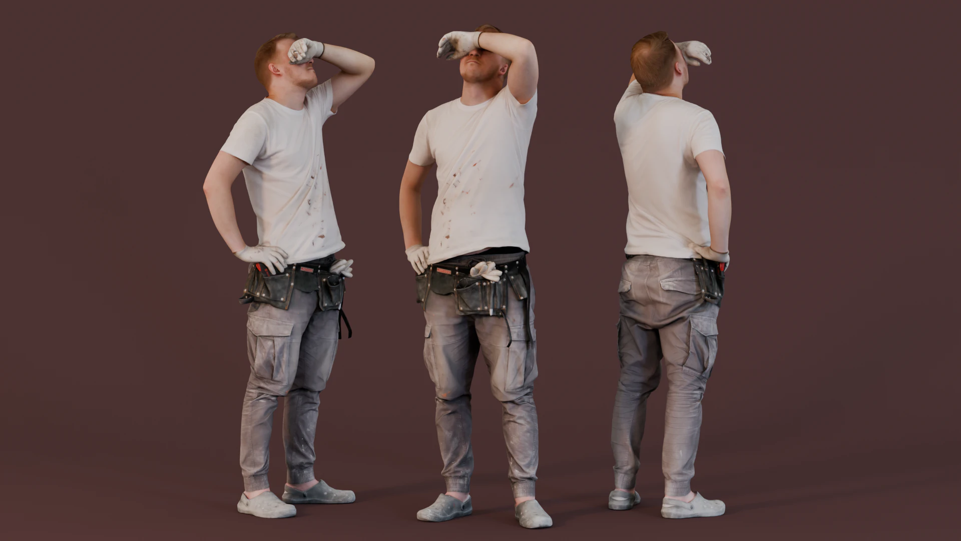 Worker in a White T-shirt Wipes Sweat 3D Model .c4d .max .obj .3ds .fbx .stl .blend 