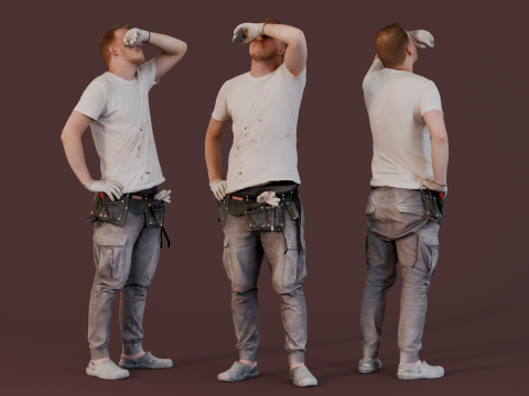 Worker in a White T-shirt Wipes Sweat 3Dモデル