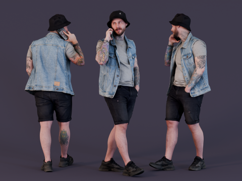 Dude Talking by Phone in Denim Vest 3Dモデル
