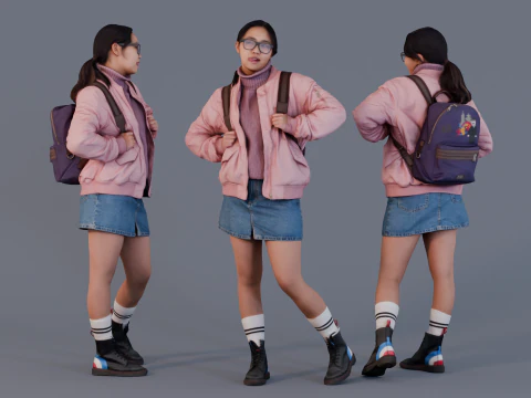 Остановите это бабуинство - девушка в повседневном школьном стиле в розовой куртке 3D Модель