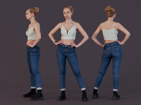 Слегка напряженная девушка с умными часами и смартфоном 3D Модель