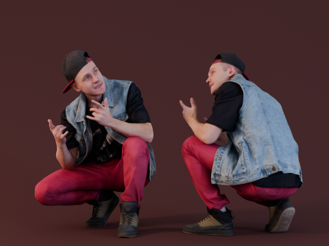 Street Style Squat with Denim and Red Pants 3Dモデル