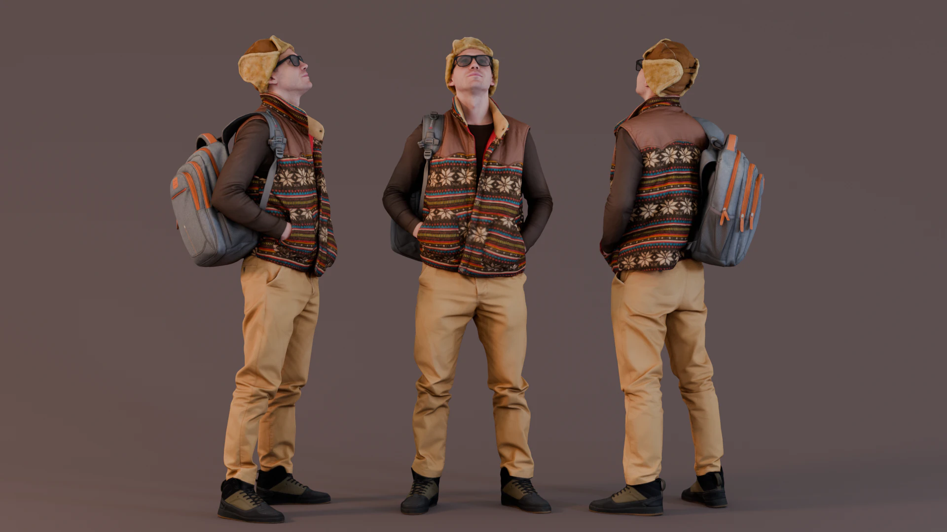 模様入りのベストとロシア帽をかぶった好奇心旺盛な見物人 3Dモデル .c4d .max .obj .3ds .fbx .stl .blend 