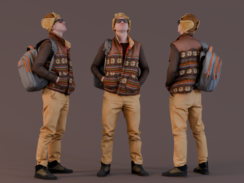 Curious Onlooker in Patterned Vest and Ushanka Hat 3D Model