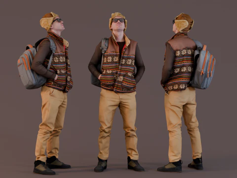 Desenli Yelekli ve Ushanka Şapkalı Meraklı İzleyici 3D Model