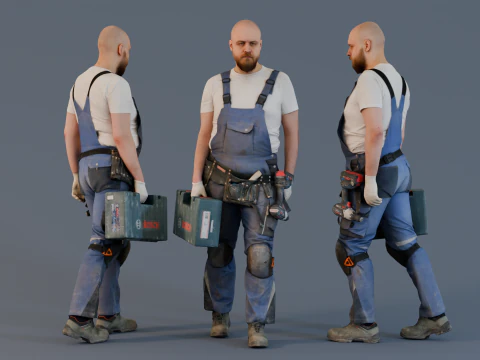 टूल केस के साथ दृढ़निश्चयी निर्माण श्रमिक 3D मॉडल