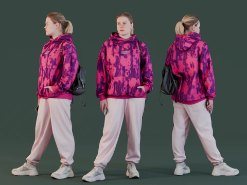 오버사이즈 핑크 후디를 입은 도시 스타일의 소녀 3D 모델