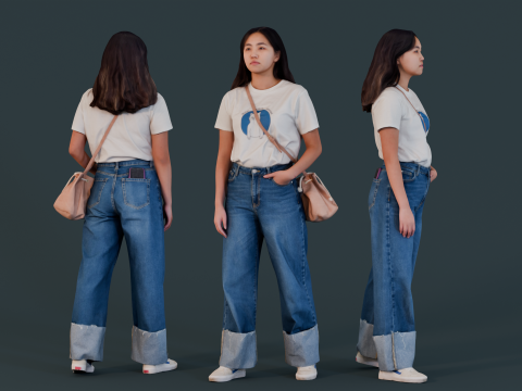 Casual Denim Style with Moon Graphic T-shirt 3Dモデル