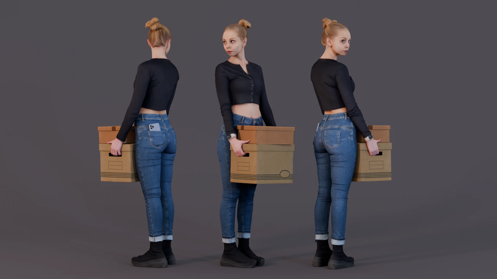 Moving Day with Style - Office Casual Woman with Box 3D Model .c4d .max .obj .3ds .fbx .stl .blend 