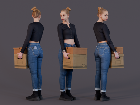 Moving Day with Style - Office Casual Woman with Box 3D Model