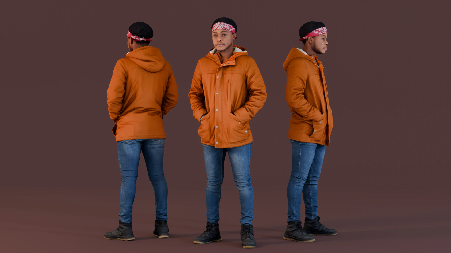 Casual Confidence in an Orange Jacket 3D Model .c4d .max .obj .3ds .fbx .stl .blend 