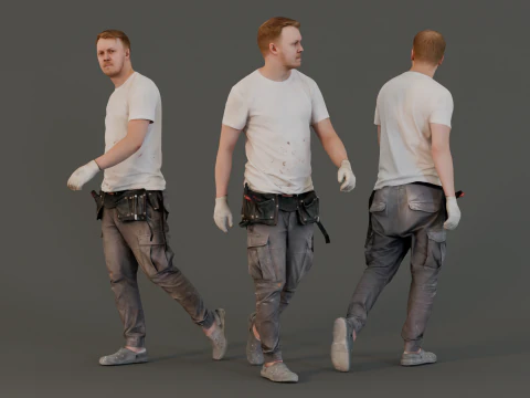 Trabalhador com camiseta branca andando Modelo 3D