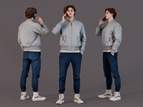 Stylish Young Man on a Call in Bomber Jacket 3Dモデル