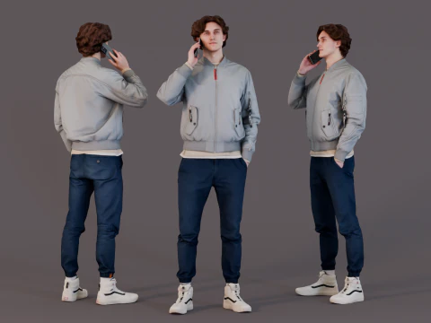 Giovane alla moda su una chiamata in bomber Modello 3D