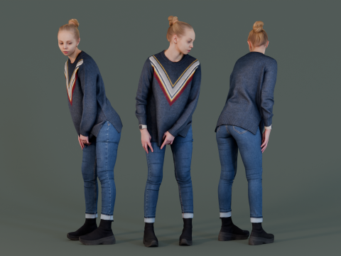 Thoughtful Pose Cozy Knit and Denim Style 3D मॉडल