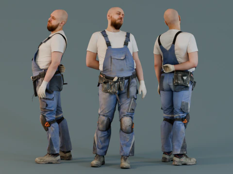 ウォーミングアップをするハゲの建設作業員 3Dモデル