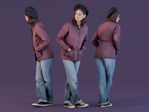 Street Sentinel - Stylish Woman in Quilted Jacket and Beret 3D 模型
