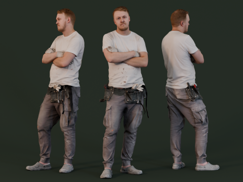 Worker in White T-Shirt - Arms Crossed Construction Worker 3Dモデル
