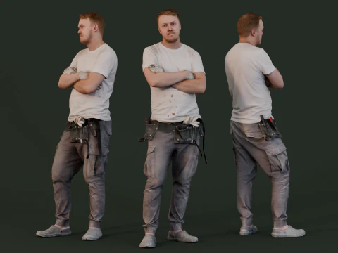 Працівник у білій футболці - будівельник схрещеними руками 3D Модель