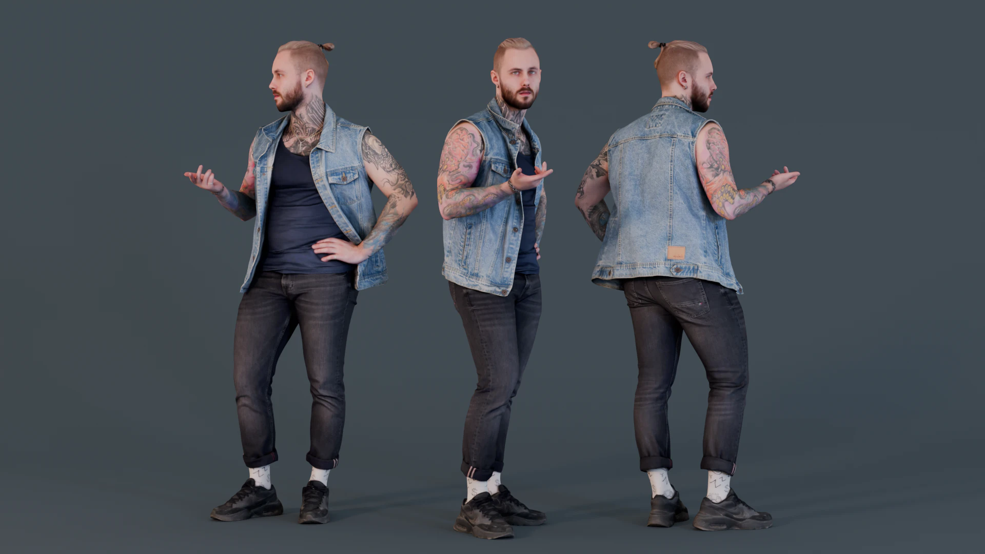 Tattooed Guy in Denim Vest 3D Model .c4d .max .obj .3ds .fbx .stl .blend 