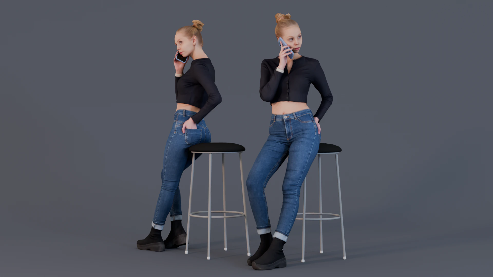 Buttoned Elegance - Chic Woman on Phone Sitting on a Bar Stool 3D Model .c4d .max .obj .3ds .fbx .stl .blend