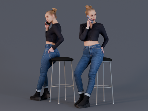 Buttoned Elegance - Chic Woman on Phone Sitting on a Bar Stool 3Dモデル