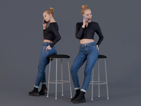 Елегантність на ґудзиках - шикарна жінка по телефону, сидячи на барному стільці 3D Модель