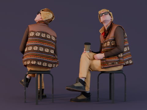 Star Gazing Aleksey - Stylish Seated Man in Winter Vest Holding Coffee 3Dモデル