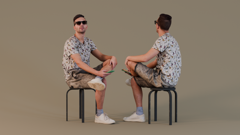 Sitting Observer Denis - Casual Young Man with Sunglasses Holding Phone 3Dモデル .c4d .max .obj .3ds .fbx .stl .blend