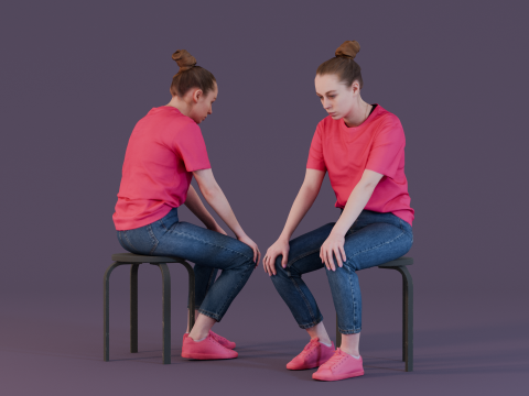 Contemplative Young Woman in Pink T-Shirt 3Dモデル