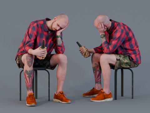 Reflective Moment - Tattooed Man Seated with Drink 3D Model