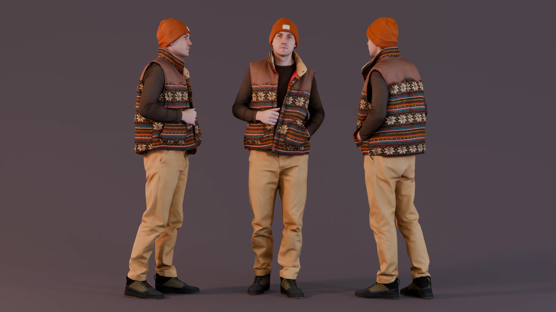 Winter-Ready Young Man in Patterned Vest 3D Model .c4d .max .obj .3ds .fbx .stl .blend