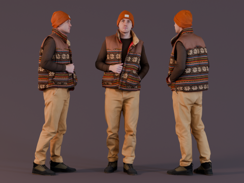 Winter-Ready Young Man in Patterned Vest 3Dモデル