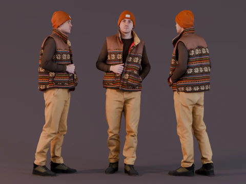 Готовий до зими молодий чоловік у візерунковому жилеті 3D Модель