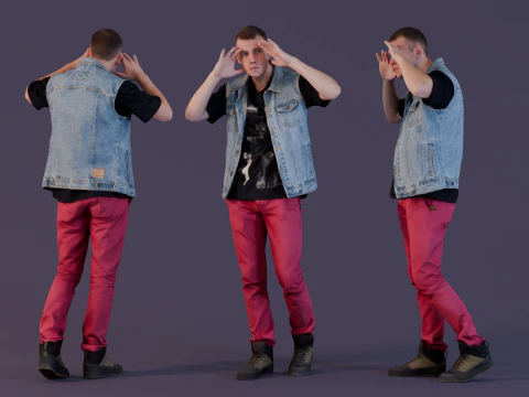 Keingintahuan Perkotaan - Rompi Denim dan Celana Merah Model 3D