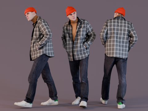 Casual Street Style - Man in Plaid Shirt and Beanie 3Dモデル