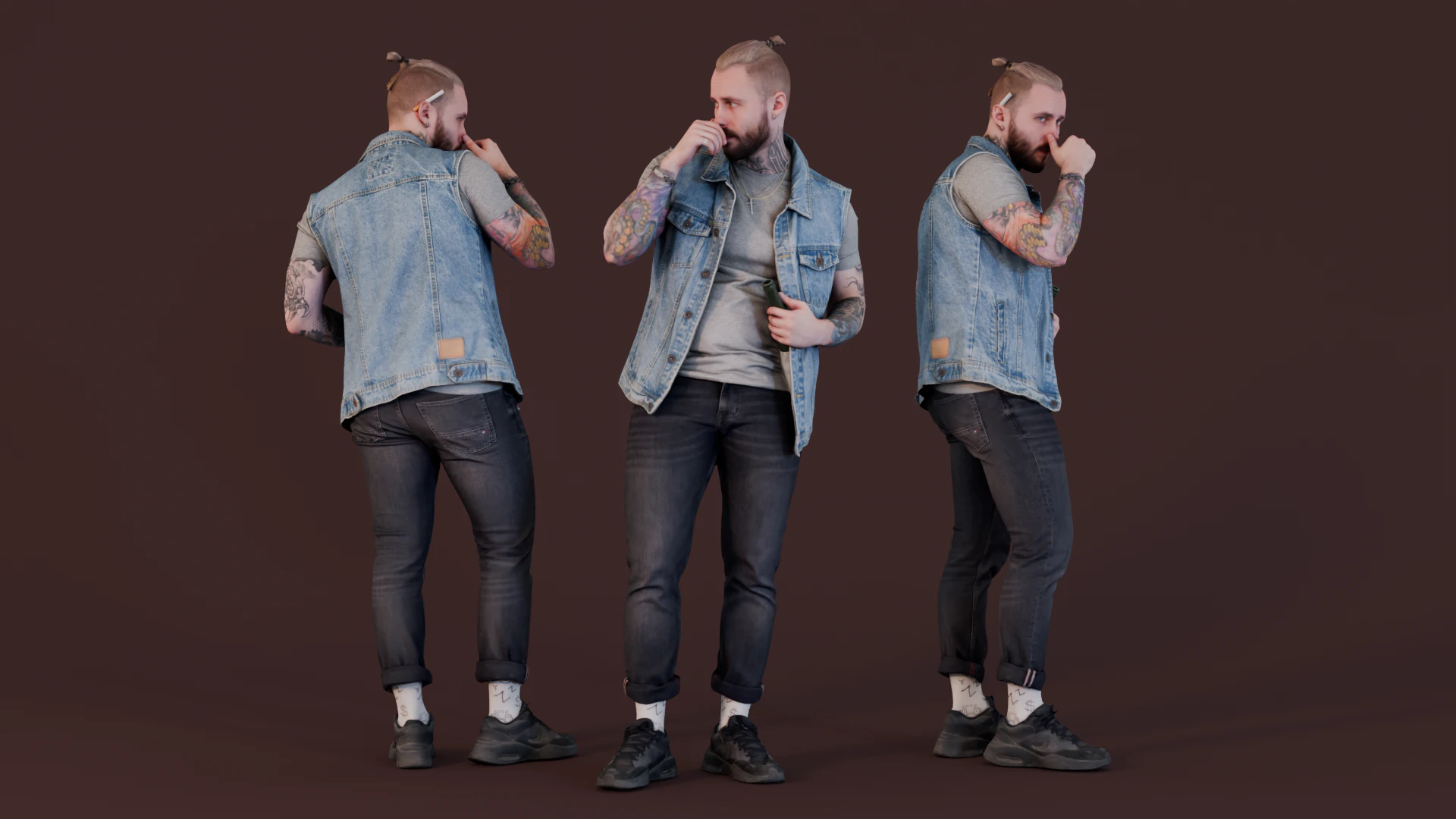 Rebel Vibes - Man in Denim Vest with Tattoos 3D Model .c4d .max .obj .3ds .fbx .stl .blend 